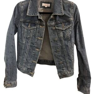 Loft Women's Cropped Denim Jacket XXS Blue Polka Dot Long Sleeve